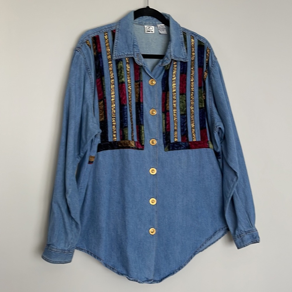Vintage ZANA-Di Vintage Button Front Velvet Ribbon Cutout Chambray Shirt Size 16